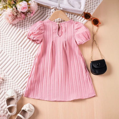 Girls Pink Stripes A-line Dress With Puff Sleeves Casual Dresses