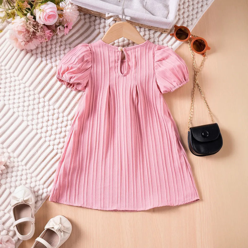 Girls Pink Stripes A-line Dress With Puff Sleeves Casual Dresses