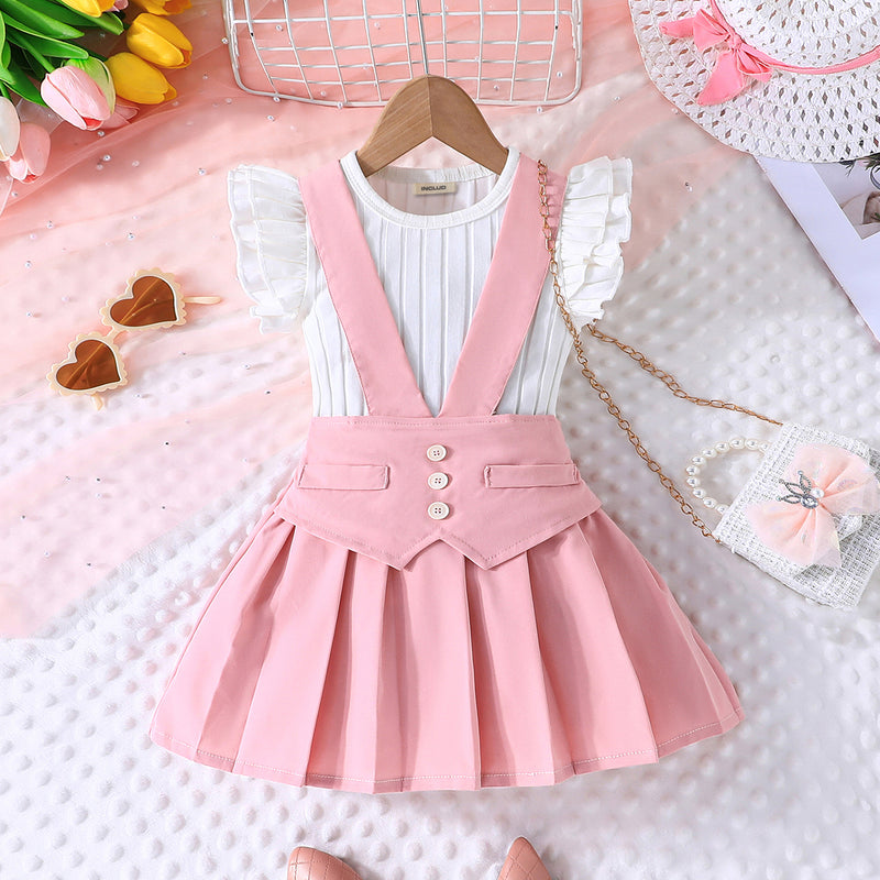 Girls Pink Solid Skirt With Self Designed Top Summer Set 2 pc. Sets