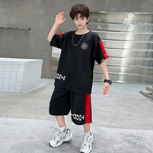 Boys Black Typographic Printed Oversized T-Shirt With Shorts Sets Sets