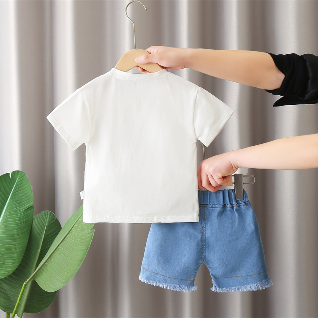 Boys White Cartoon Printed Short Sleeves T-Shirt With Denim Shorts Set 2 pc. Sets