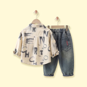 Boys Beige Typographic Shirt With Denim Pants Sets 2 pc. Sets