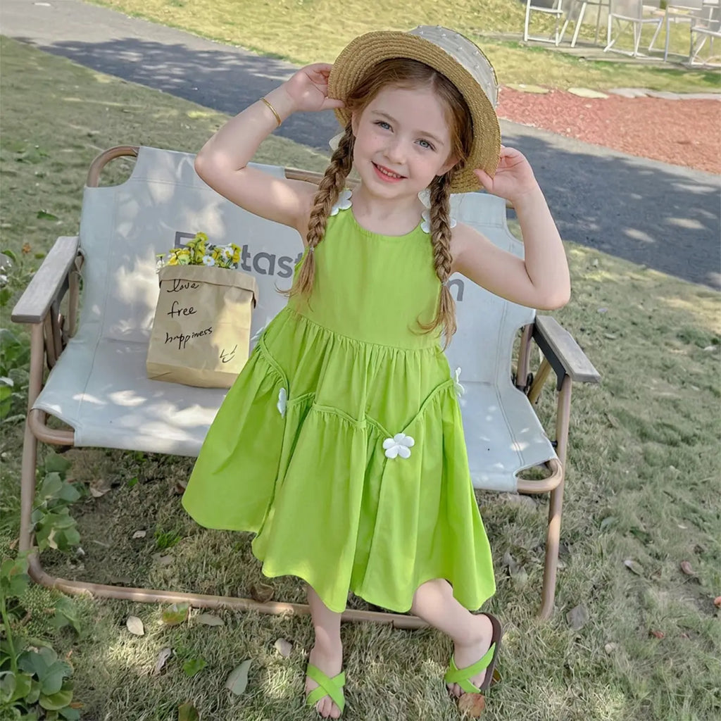 Girls Green Flower Applique Sleeveless Fit & Flare Dress Casual Dresses Green 1-2 Y