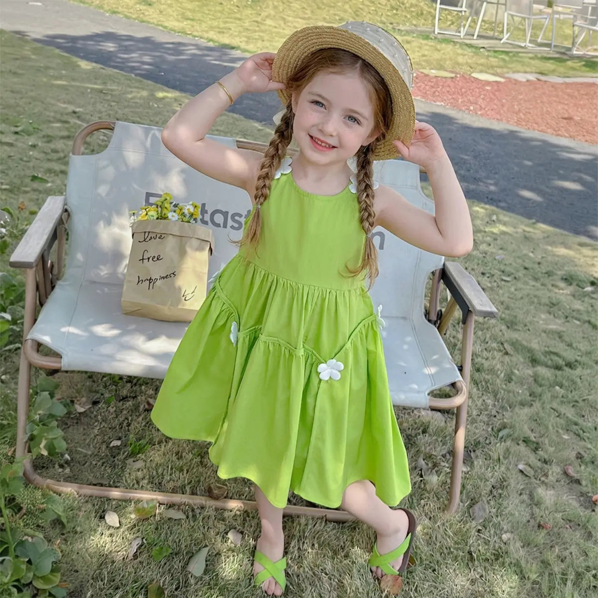 Girls Green Flower Applique Sleeveless Fit & Flare Dress Casual Dresses Green 1-2 Y