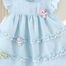 Girls Light Blue Mushroom Applique Round Neck Tiered Dress Casual Dresses