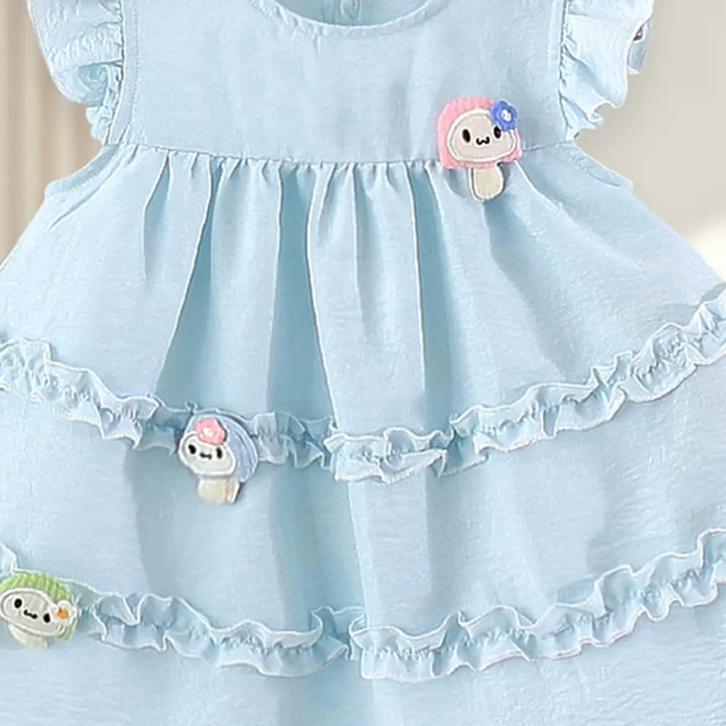 Girls Light Blue Mushroom Applique Round Neck Tiered Dress Casual Dresses