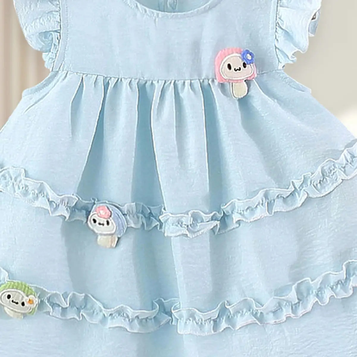 Girls Light Blue Mushroom Applique Round Neck Tiered Dress Casual Dresses
