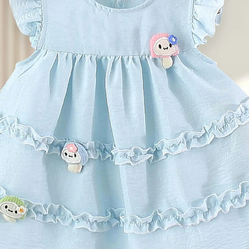 Girls Light Blue Mushroom Applique Round Neck Tiered Dress Casual Dresses