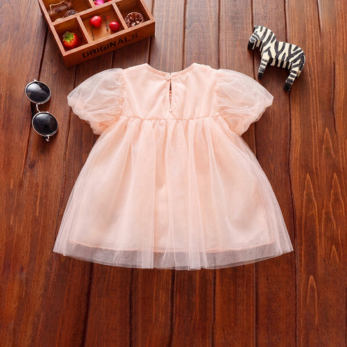 Girls Pink Bow Applique Puff Sleeve Fit & Flare Dress Casual Dresses