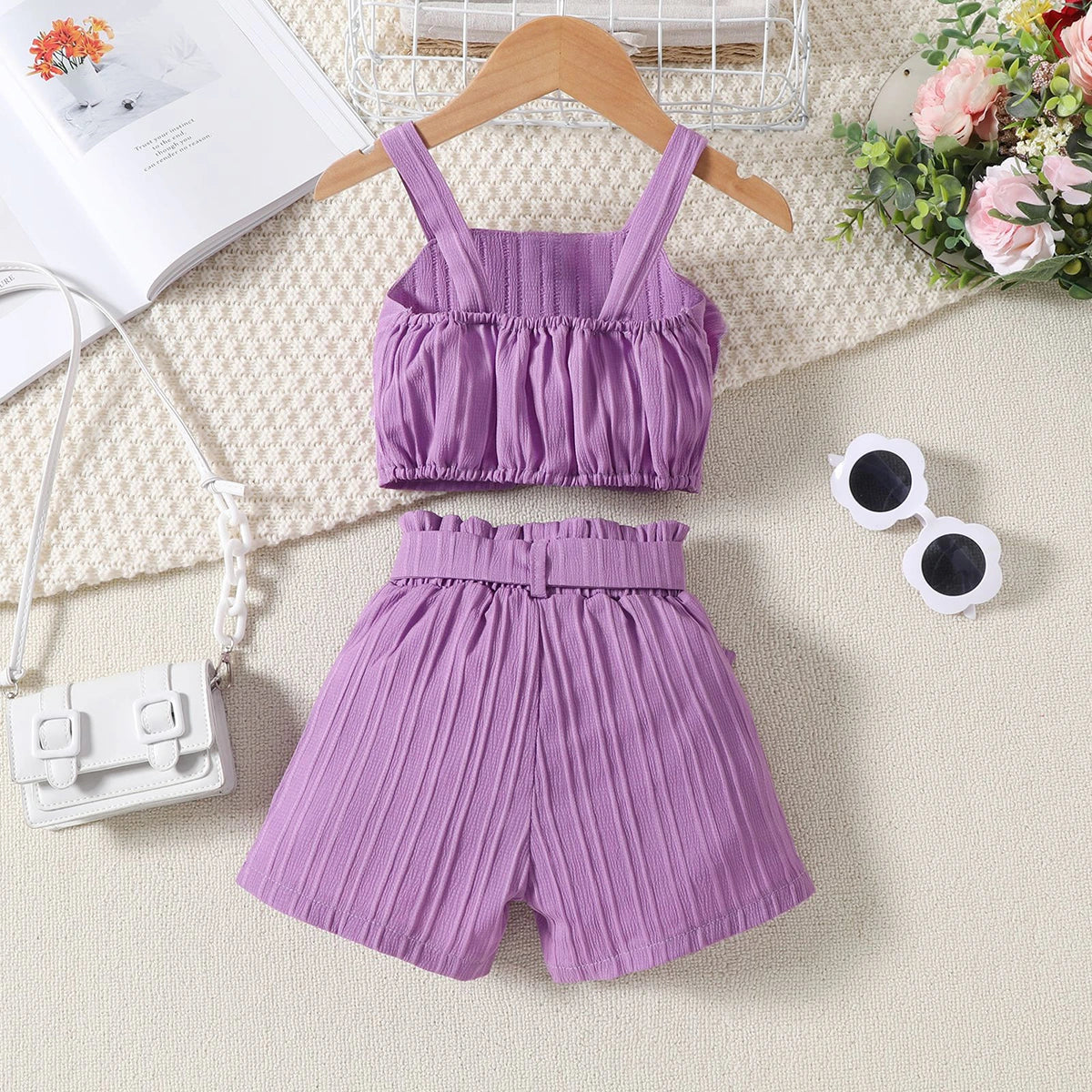 Girls Purple Ruffle Sleeveless Crop Top With Shorts Sets 2 pc. Sets