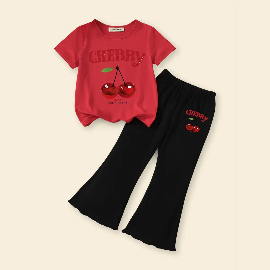 Girls Red Cherry Printed T-Shirt With Flared Pants Sets Sets