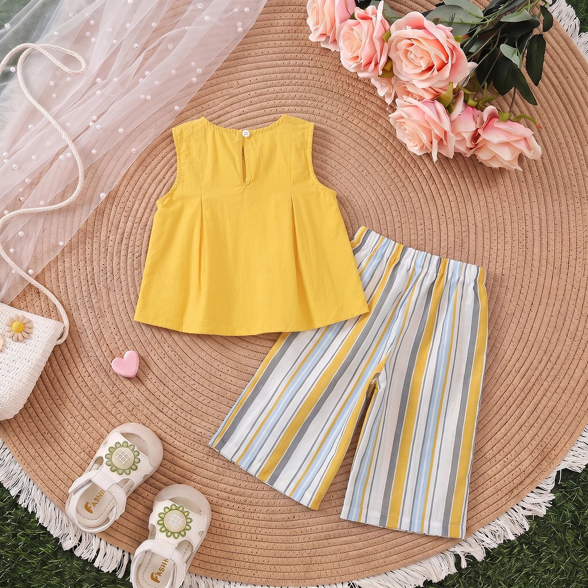 Girls Yellow Sleeveless Top With Striped Capri Sets 2 pc. Sets
