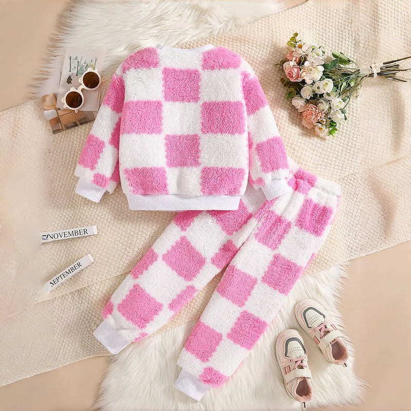 Girls Pink Checked Fleece Sweatshirt With Joggers Co-ord Sets 2 pc. Sets