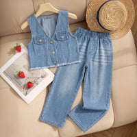 Girls Light Blue Sleeveless Vest With Denim Jeans Sets 2 pc. Sets Light Blue 2-3 Y