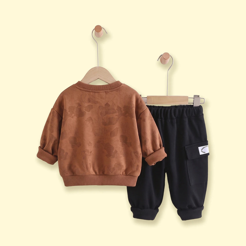 Boys brown abstract print long sleeve sweatshirt and pants set