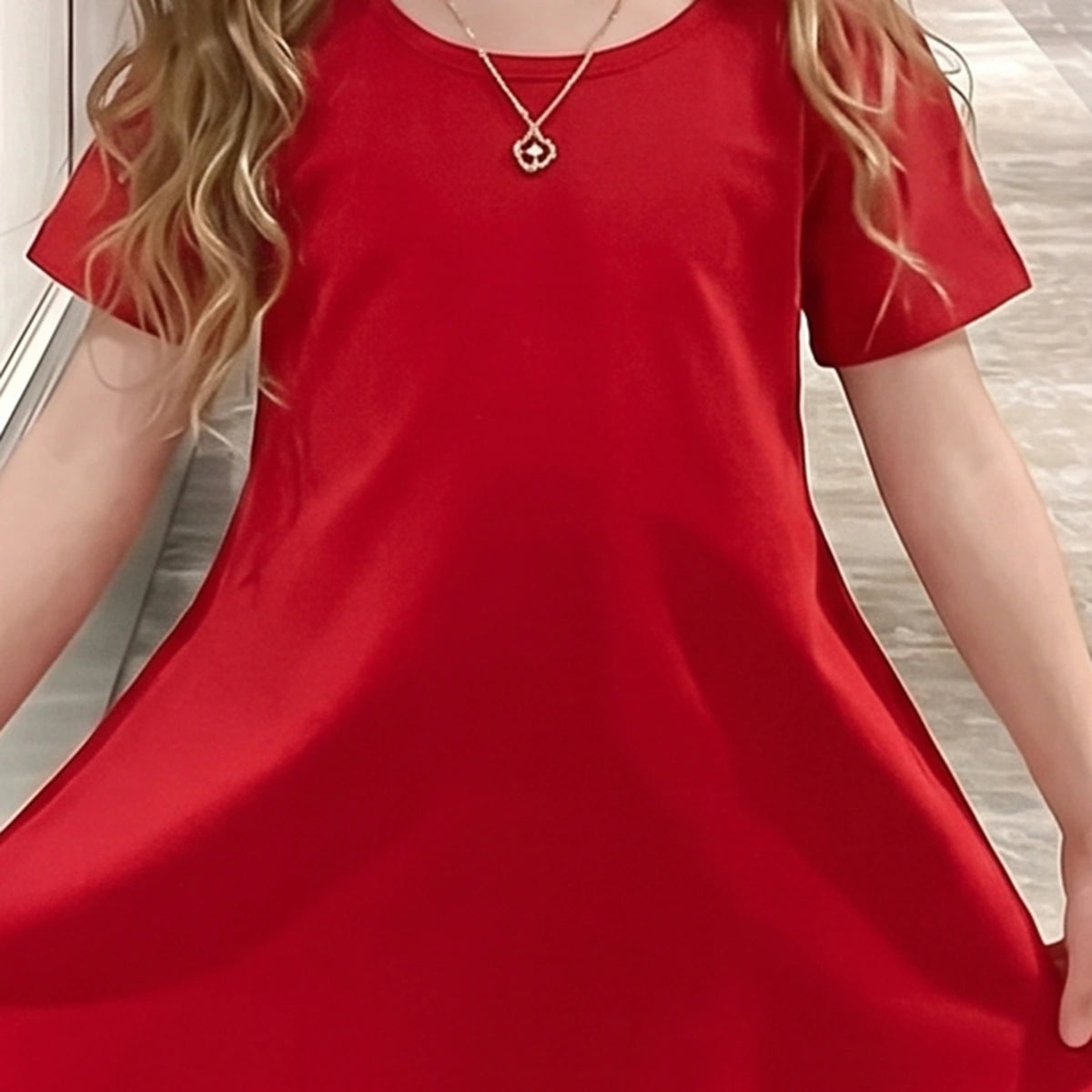 Girls Red Solid Short Sleeve Cross-Back A-Line Dress Casual Dresses
