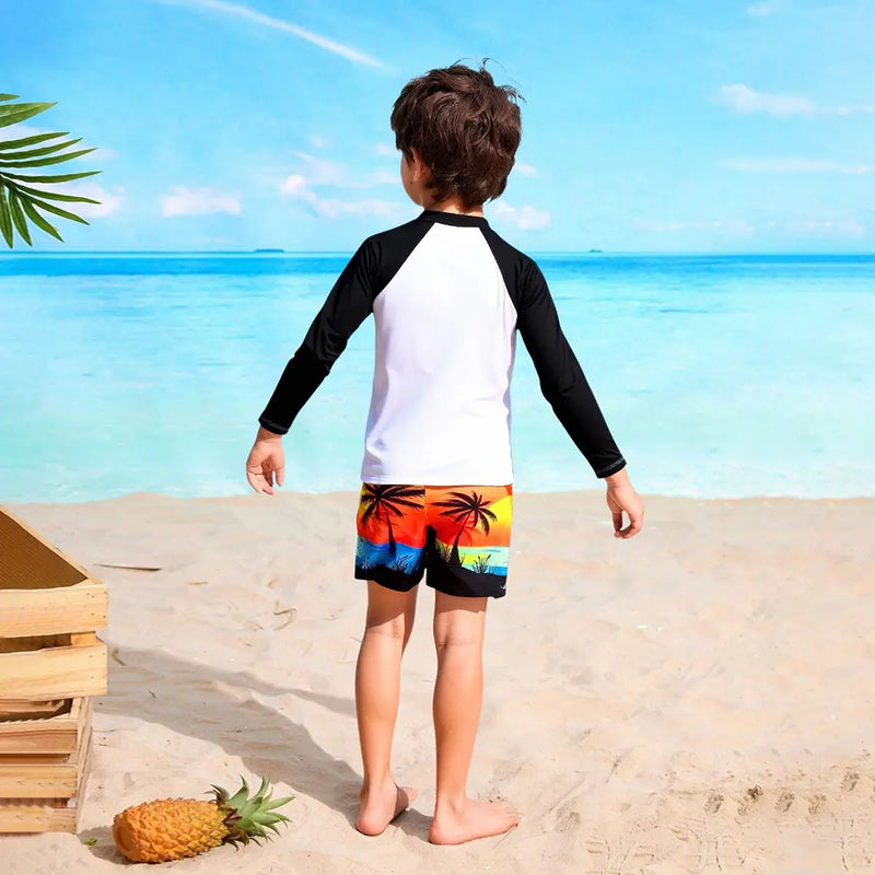 Boys Black Tropical Printed Long Sleeves T-Shirt & Shorts Swimsuit Sets Sets