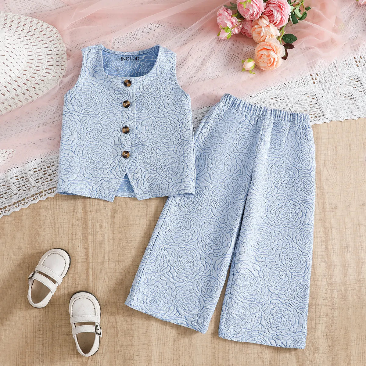 Girls Light Blue Floral Textured Top With Pants Co-ord Sets Sets Light Blue 3-4 Y