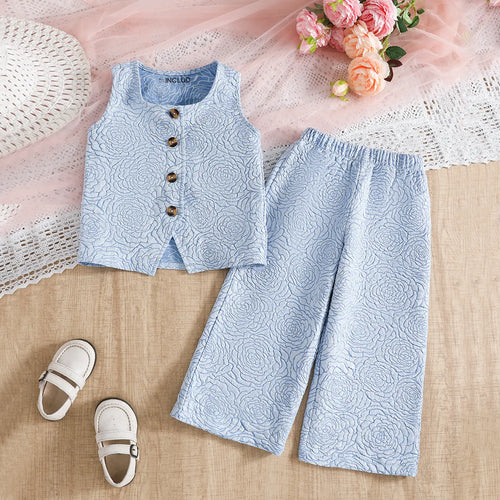 Girls Light Blue Floral Textured Top With Pants Co-ord Sets Sets Light Blue 3-4 Y
