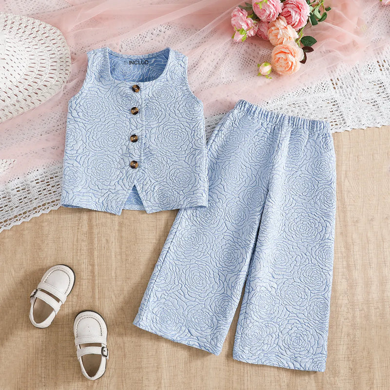 Girls Light Blue Floral Textured Top With Pants Co-ord Sets Sets Light Blue 3-4 Y