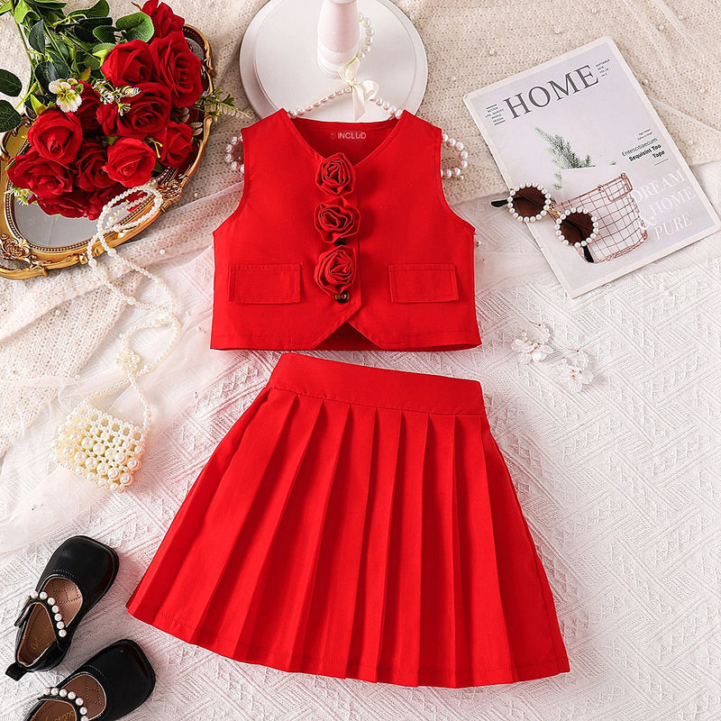Girls Red Rose Applique Sleeveless Top with Pleated Skirt Sets 2 pc. Sets Red 2-3 Y