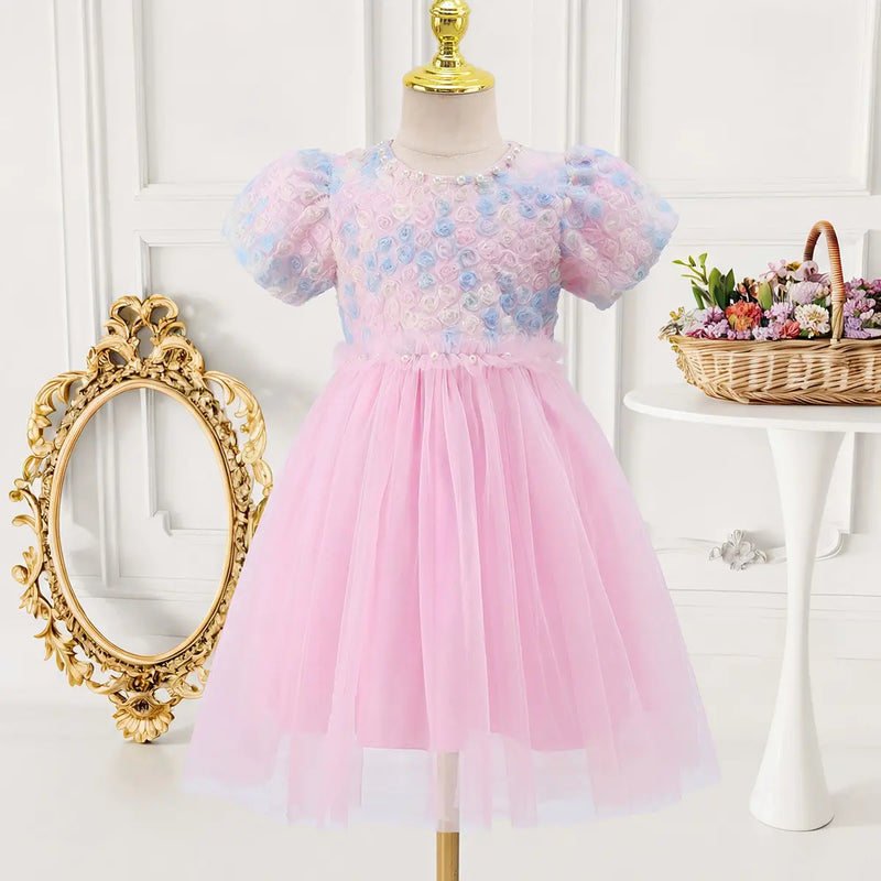Girls Pink Floral Tulle Overlay Fit & Flare Dress With Puff Sleeves Casual Dresses Pink 3-4 Y
