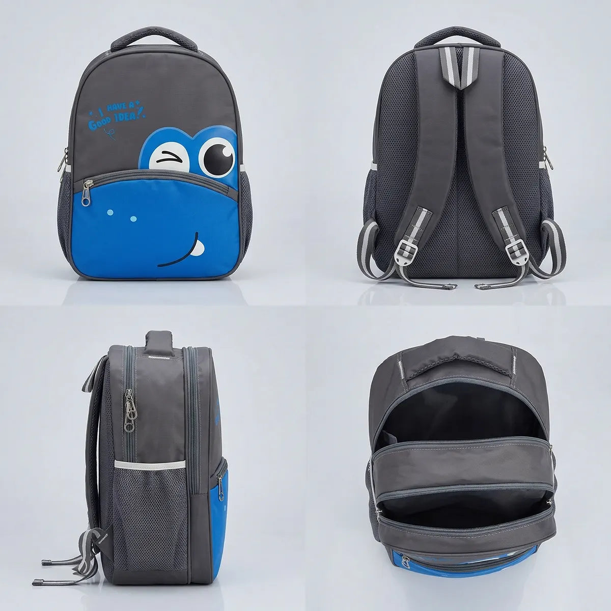 Boys Grey Cartoon Smiley Canvas School Backpack Trending Accessories