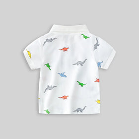 Boys White Allover Dinosaur Printed Short Sleeves Polo T-Shirt Tshirts