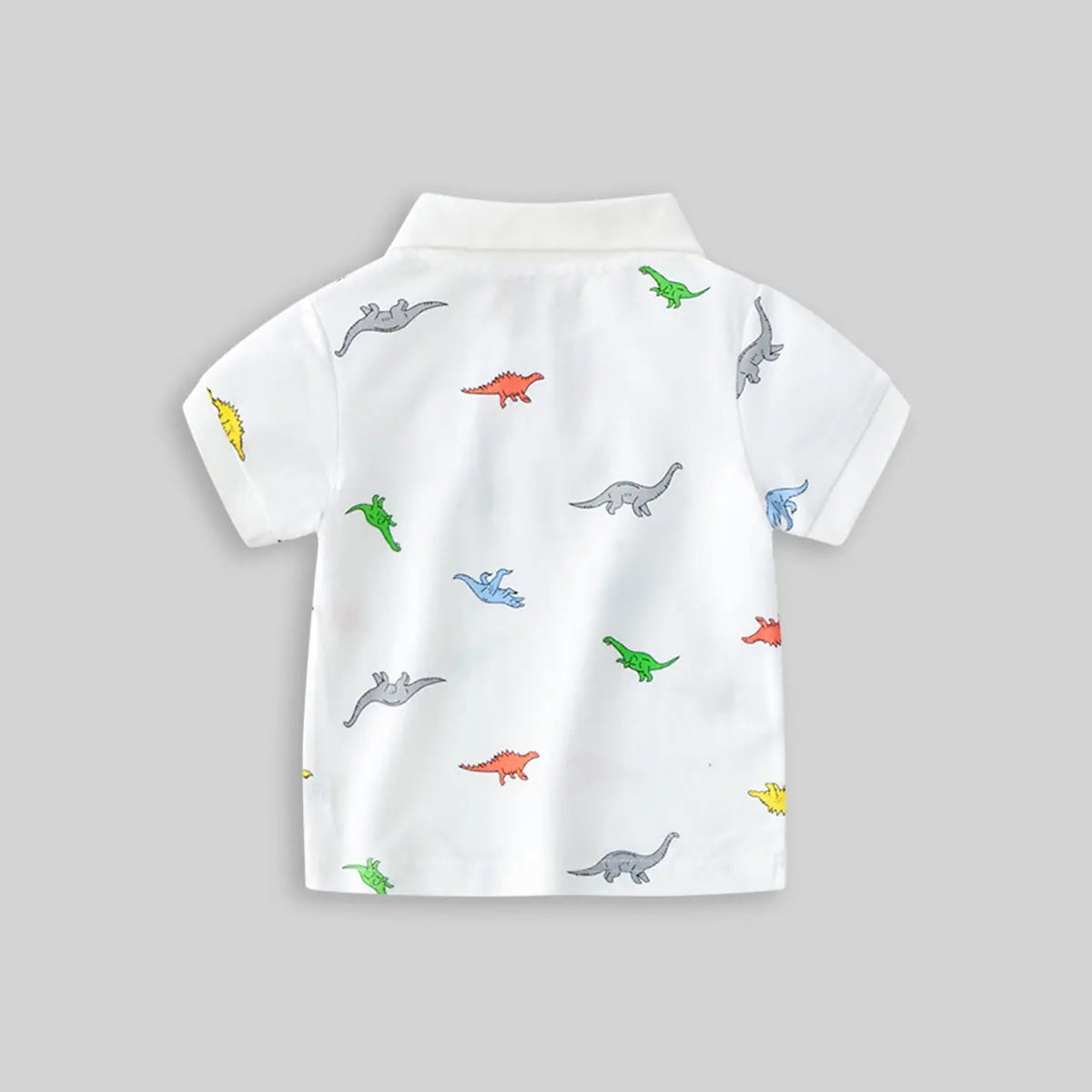 Boys White Allover Dinosaur Printed Short Sleeves Polo T-Shirt Tshirts