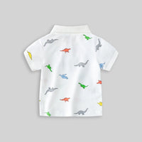 Boys White Allover Dinosaur Printed Short Sleeves Polo T-Shirt Tshirts