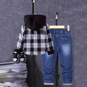 Boys Black Checked Hooded Shirt With Denim Pants Sets 2 pc. Sets