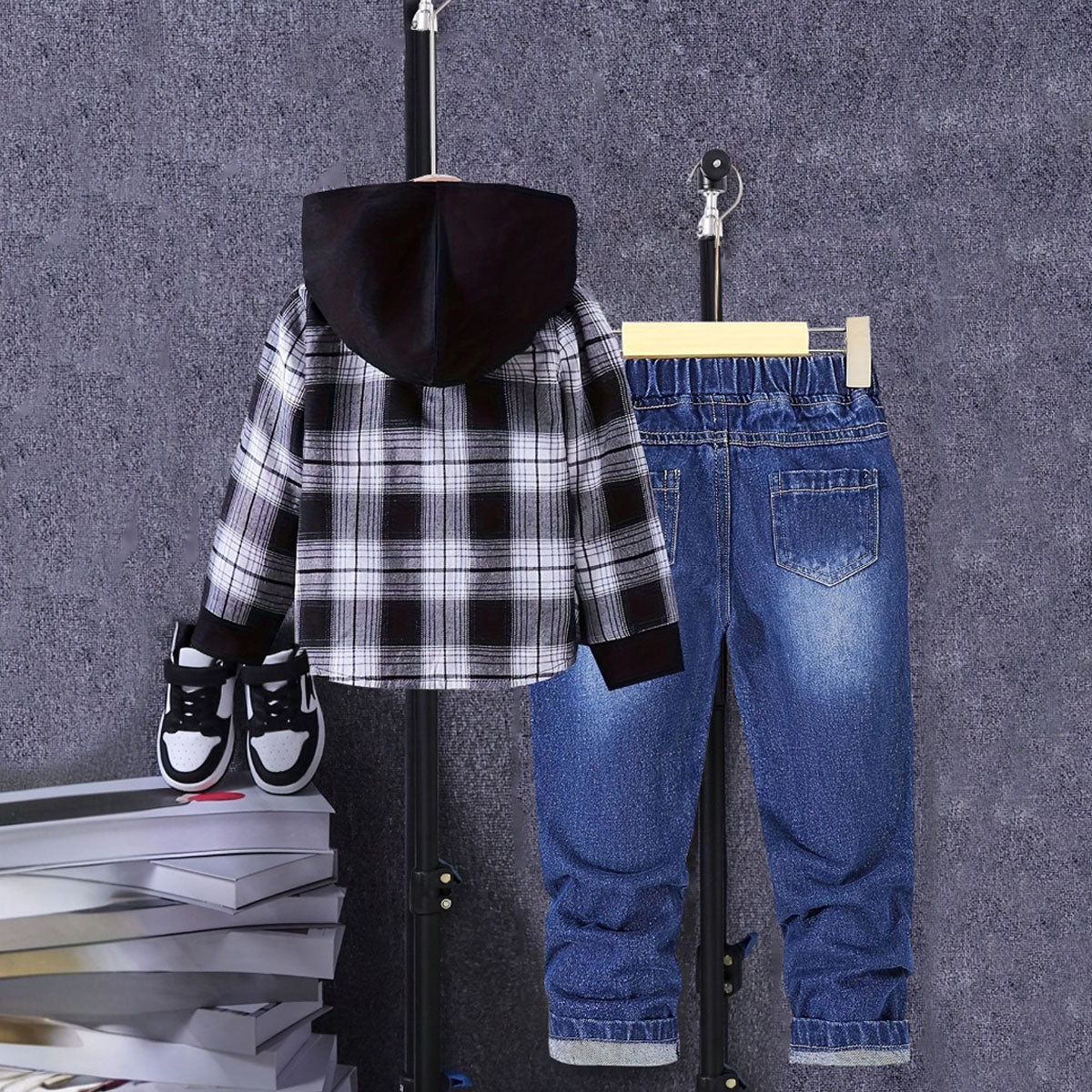 Boys Black Checked Hooded Shirt With Denim Pants Sets 2 pc. Sets