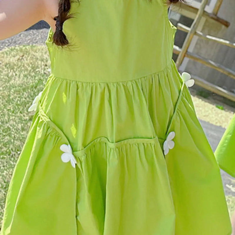 Girls Green Flower Applique Sleeveless Fit & Flare Dress Casual Dresses