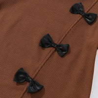 Girls Brown Bow Detail Short Sleeve T-Shirt With Flared Pants Sets Sets