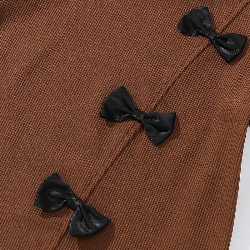 Girls Brown Bow Detail Short Sleeve T-Shirt With Flared Pants Sets Sets