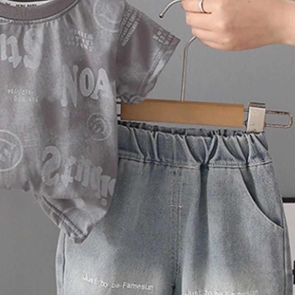 Boys Grey Typographic Printed Short Sleeve T-shirt With Denim Shorts Sets 2 pc. Sets