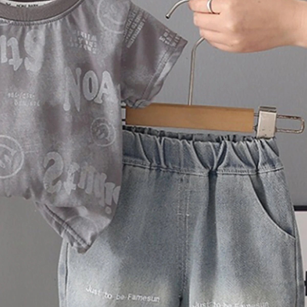 Boys Grey Typographic Printed Short Sleeve T-shirt With Denim Shorts Sets 2 pc. Sets