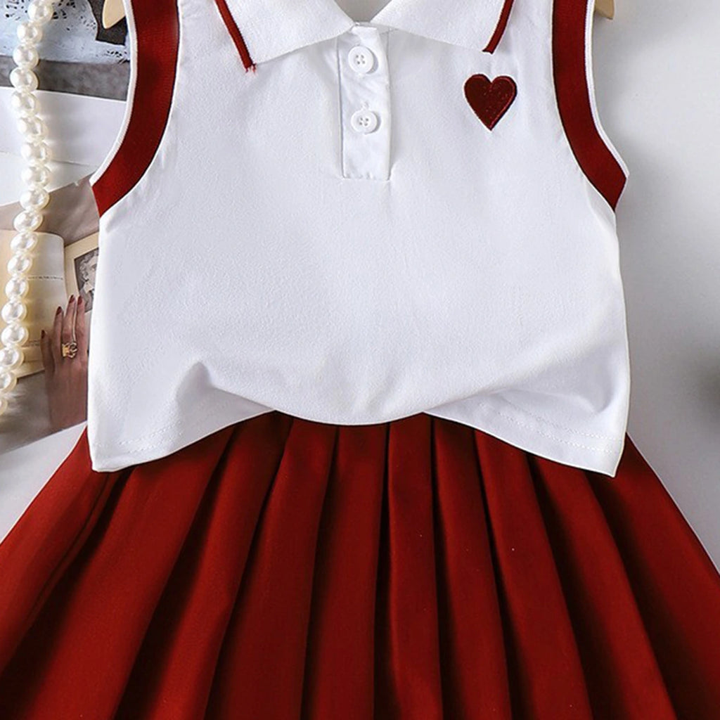 Girls Heart Embroidered Polo Top With Maroon Pleated Skirt Sets 2 pc. Sets