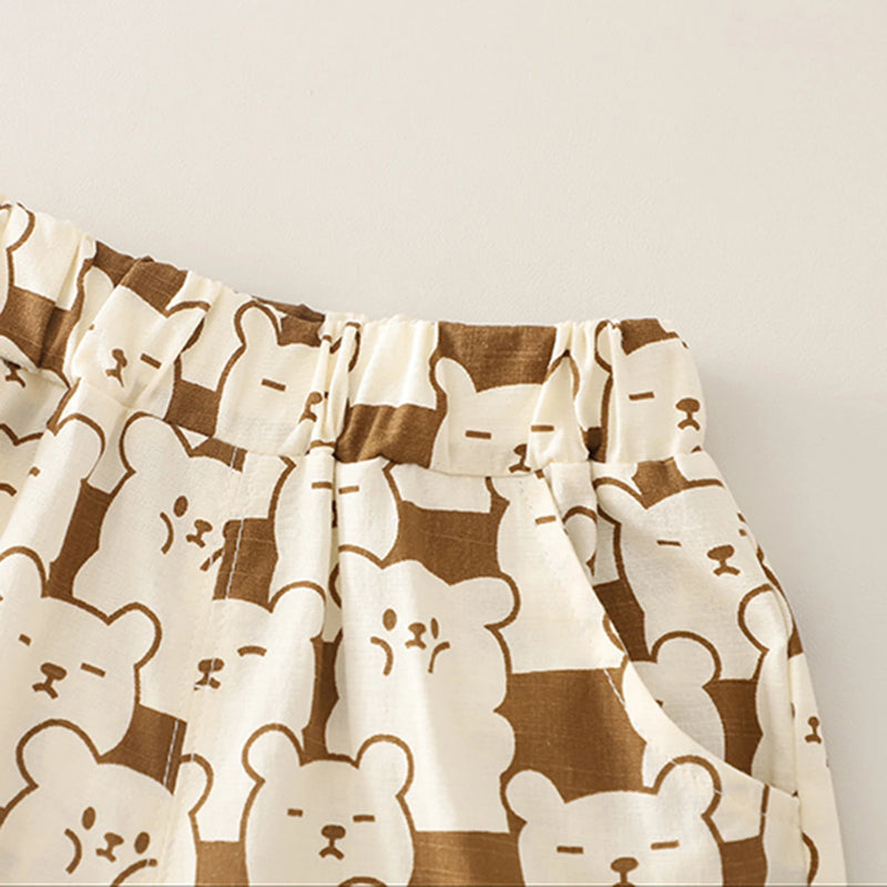 Boys Brown Bear Printed Shirt With T-Shirt And Shorts Sets Sets