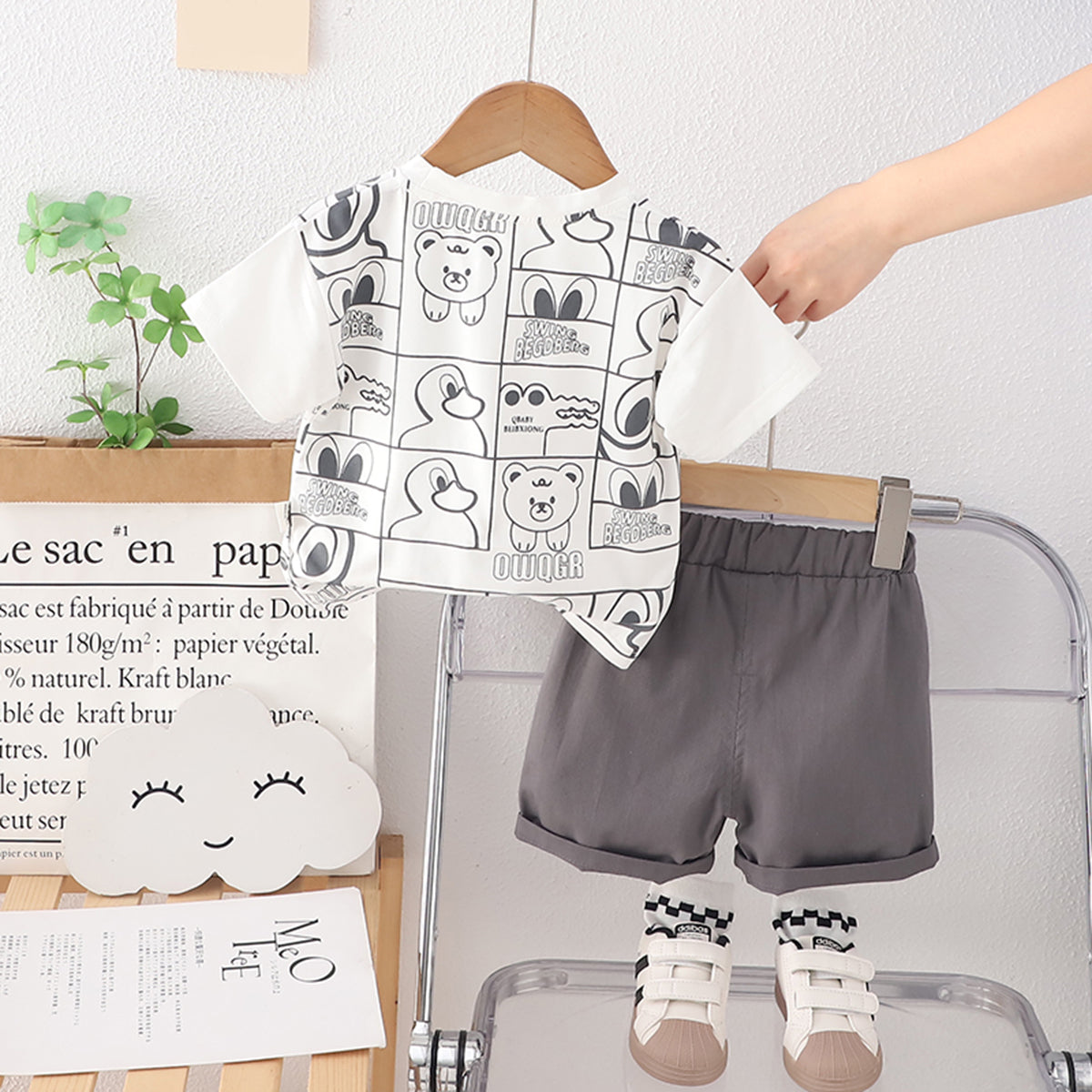 Boys Short Sleeves Animal Printed T-Shirt With Dark Grey Shorts Set 2 pc. Sets