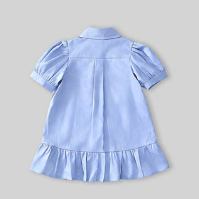 Girls Sky Blue Bunny Applique Puff Sleeve Shirt Dress Casual Dresses