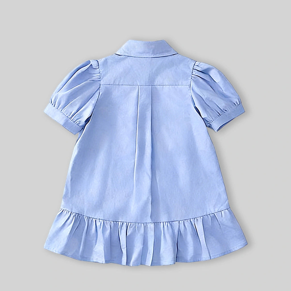 Girls Sky Blue Bunny Applique Puff Sleeve Shirt Dress Casual Dresses