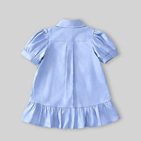 Girls Sky Blue Bunny Applique Puff Sleeve Shirt Dress Casual Dresses