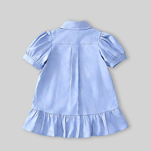 Girls Sky Blue Bunny Applique Puff Sleeve Shirt Dress Casual Dresses