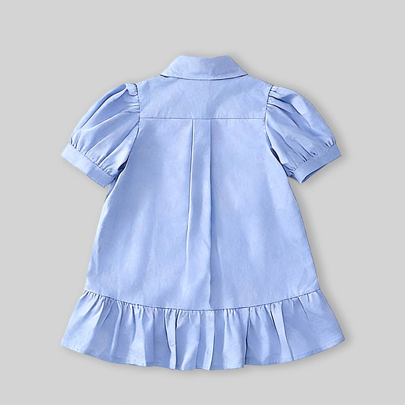Girls Sky Blue Bunny Applique Puff Sleeve Shirt Dress Casual Dresses