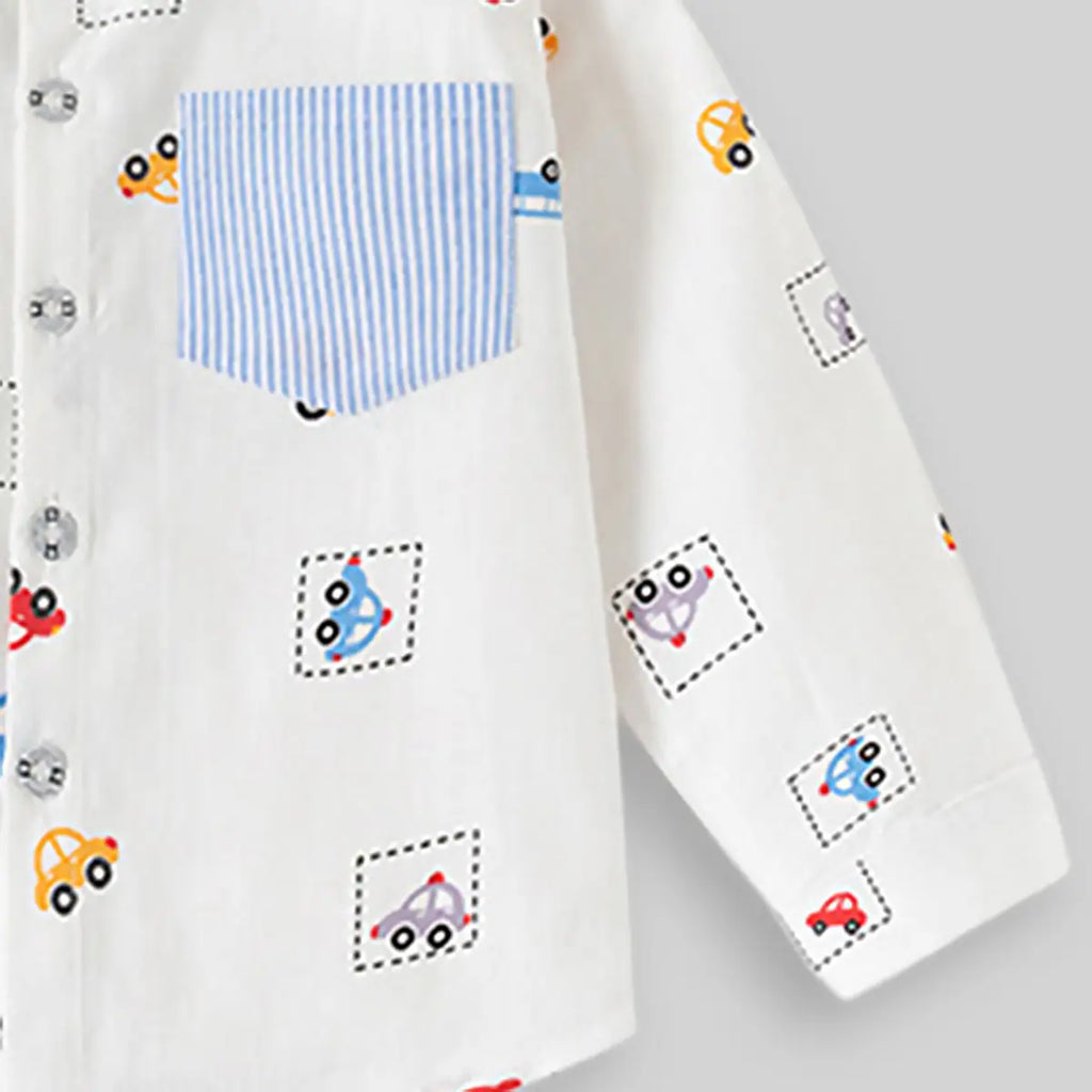 Boys White Car Print Long Sleeve Shirt Shirts