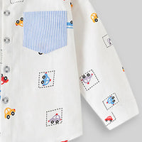 Boys White Car Print Long Sleeve Shirt Shirts