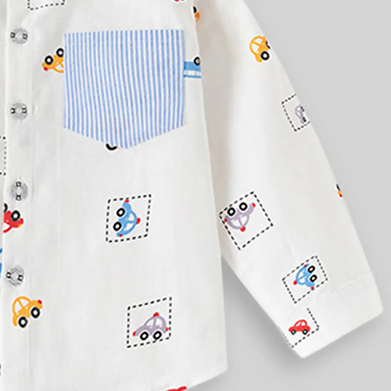 Boys White Car Print Long Sleeve Shirt Shirts