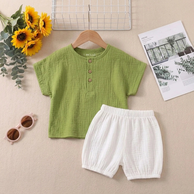 Boys Green Textured Short Sleeve T-Shirt With Shorts Sets 2 pc. Sets Green 1-2 Y