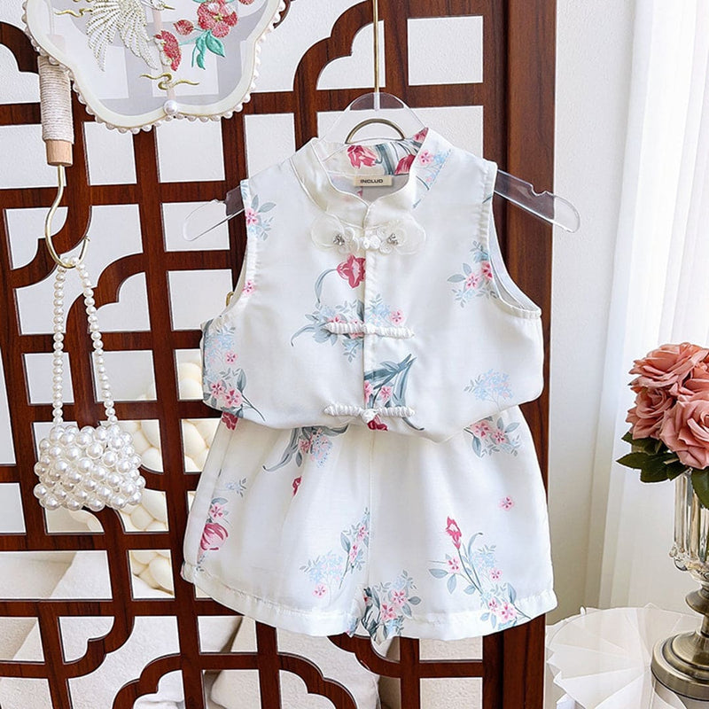 Girls Sleeveless Floral Print Top With Elasticated Shorts Sets Apricot 1-2 Y 
